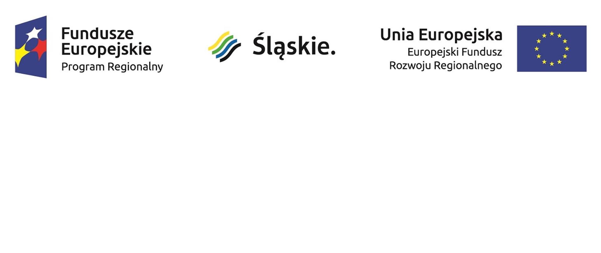 Od lewej krawędzi do prawej w poziomie loga: Fundusze Europejskie Program Regionalny, Śląskie, Unia Europejska Europejski Fundusz Rozwoju Regionalnego