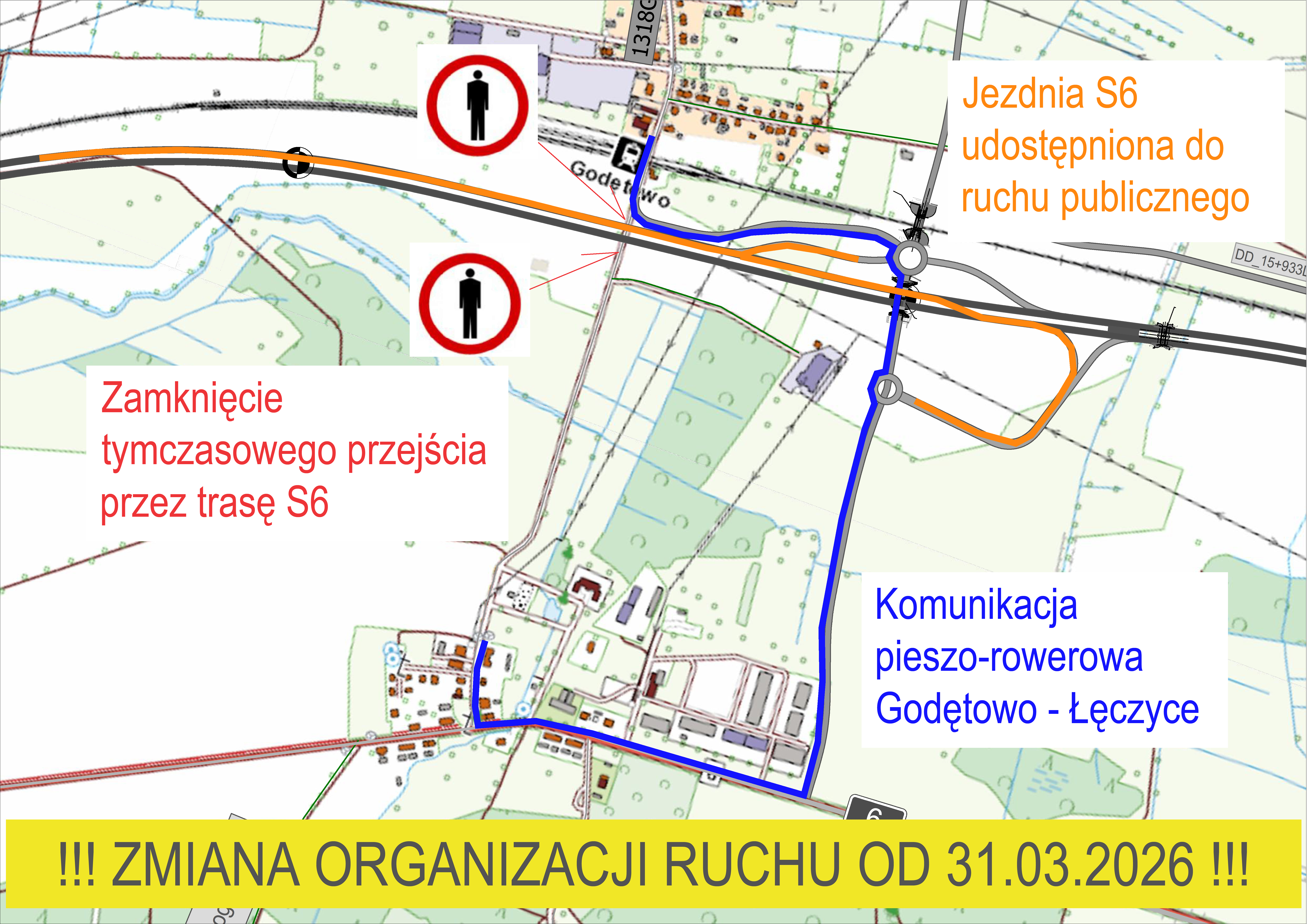Mapa przedstawiająca nowo wyznaczoną trasę pieszo-rowerową obowiązującą w związku z zamknięciem przejścia dla pieszych