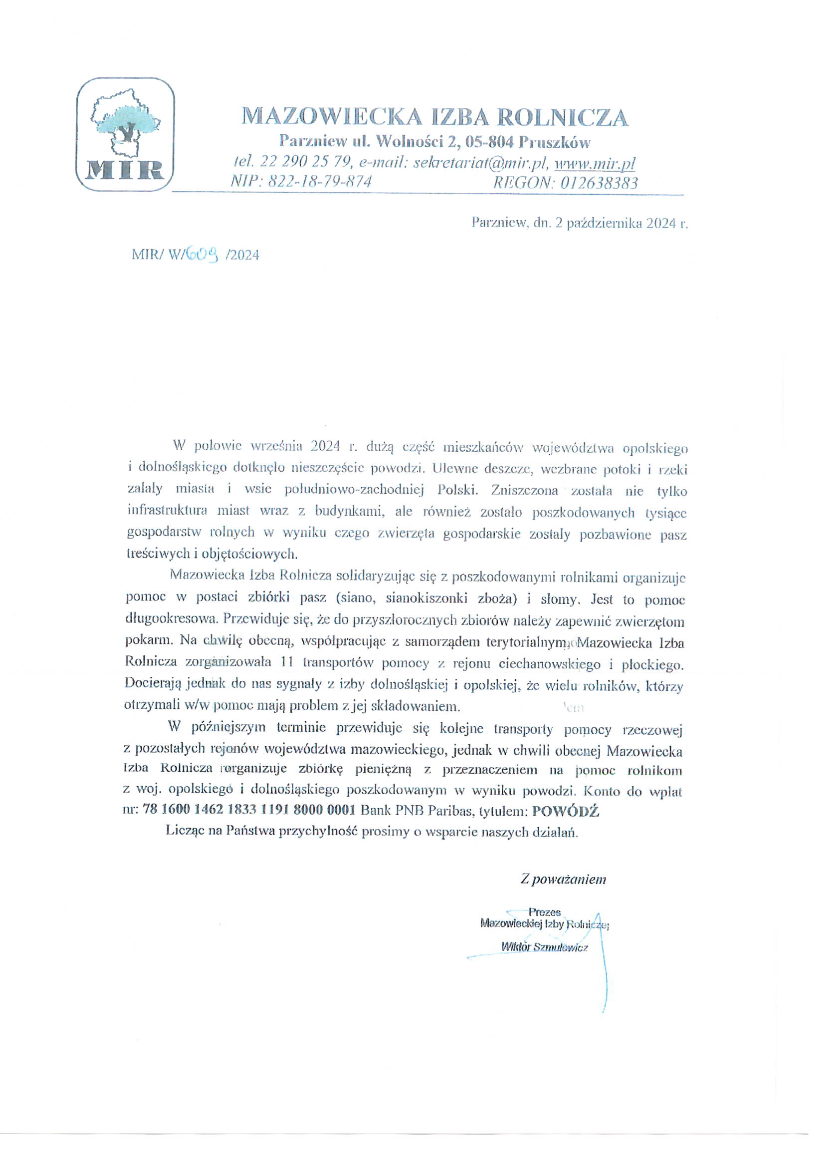 informacja Mazowieckiej Izby Rolniczej o zbiórce darów rzeczowych i numer konta do wpłat 