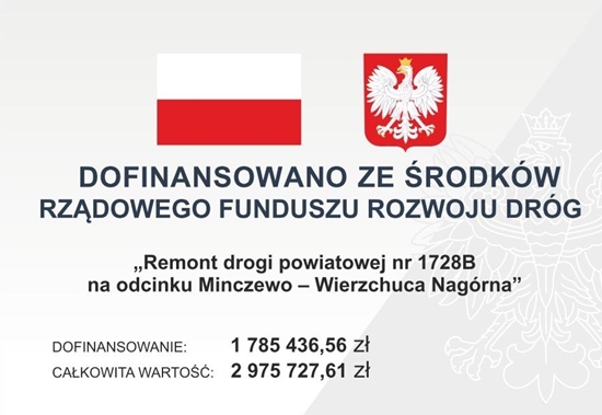 Baner z flagą Polski, herbem i tekstem dotyczącym lokalnego projektu inwestycyjnego. Tekst transkrypcji: DOFINANSOWANO ZE ŚRODKÓW RZĄDOWEGO FUNDUSZU ROZWOJU DRÓG „Remont drogi powiatowej nr 1728B na odcinku Minczewo – Wierzchuca Nagórna” DOFINANSOWANIE: 1 785 436,56 zł CAŁKOWITA WARTOŚĆ: 2 975 727,61 zł