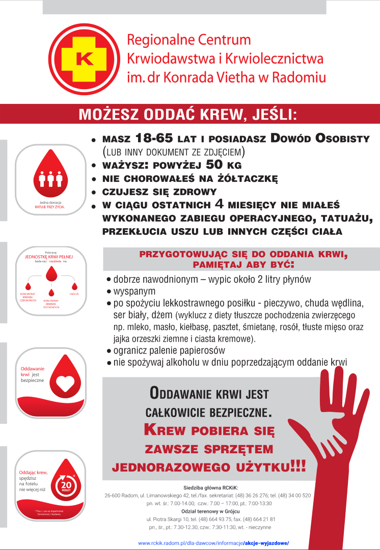 Plakat informacyjny zawiera informacje dotyczące pobierania krwi, jak się przygotować itp.