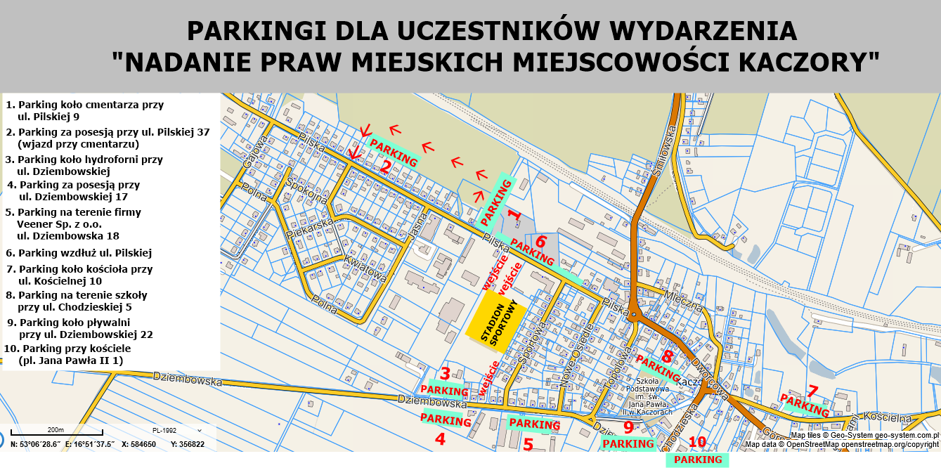 Mapka przedstawiająca parkingi dla uczestników wydarzenia "Nadanie praw miejskich miejscowości Kaczory". Na mapce zaznaczone są miejsca: 1.Parking przy cmentarzu przy ul. Pilskiej 9 2.Parking za posesją przy ul. Pilskiej 37 3.Parking przy hydroforni przy ul. Dziembowskiej 4. Parking za posesją przy ul. Dziembowskiej 17 5. Parking na terenie firmy Veener Sp. z o.o. ul. Dziembowska 18 6. Parking wzdłuż ul. Pilskiej 7. Parking przy kościele ul. Kościelna 10 8. Parking na terenie szkoły przy ul. Chodzieskiej 5 9. Parking przy pływalni ul. Dziembowska 22 10. Parking przy kościele (plac Jana Pawła II 1)