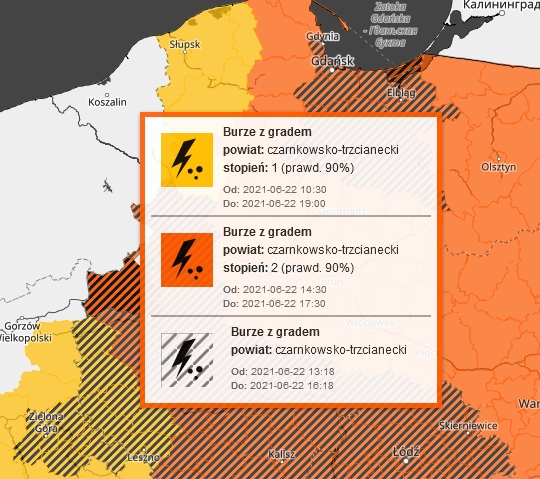 Prognozowane są burze, którym miejscami będą towarzyszyć opady deszczu od 20 mm do 30 mm oraz porywy wiatru do 90 km/h. Miejscami grad.