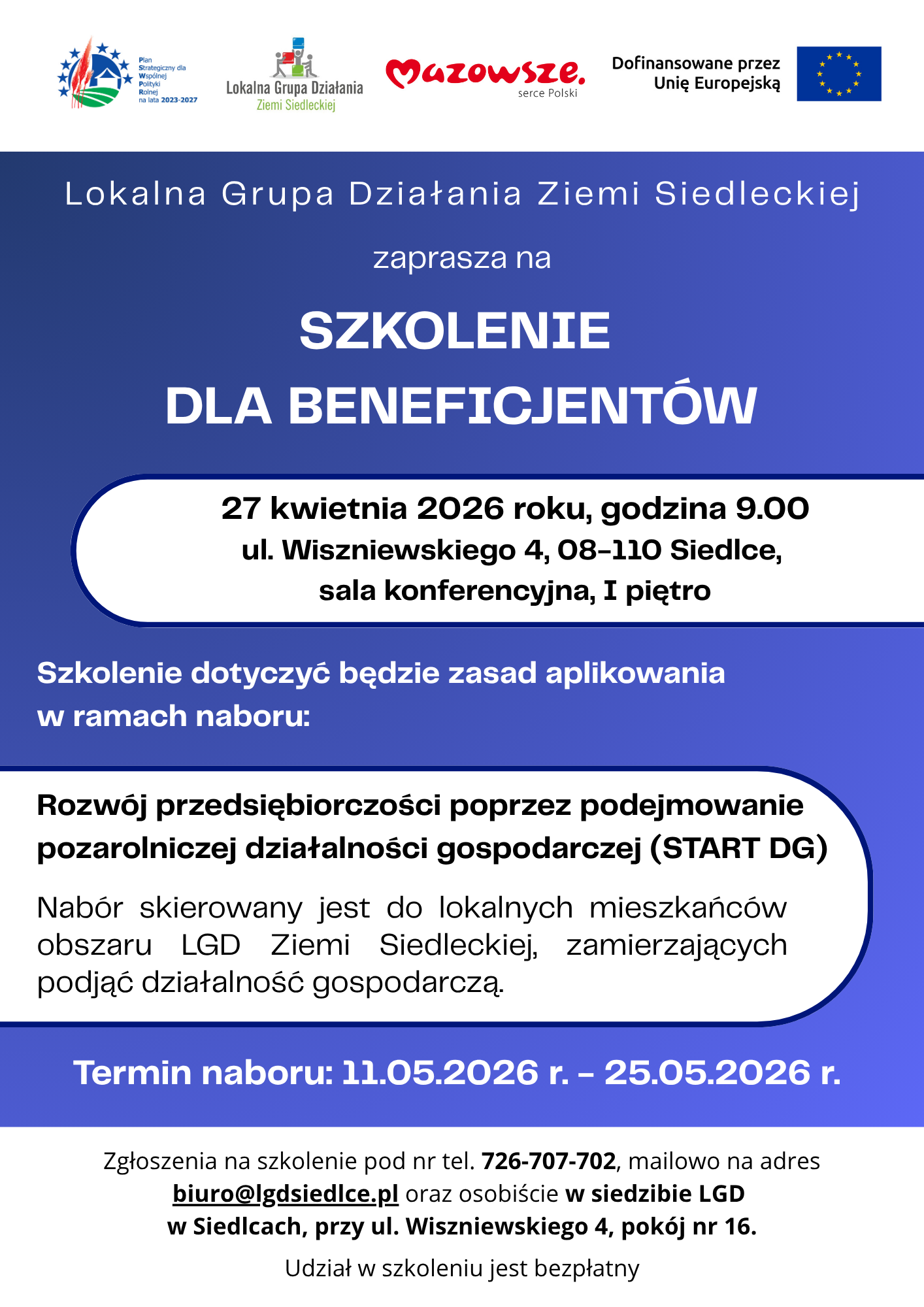 szkolenie 27 kwietnia LGD ZIEMI SIEDLECKIEJ