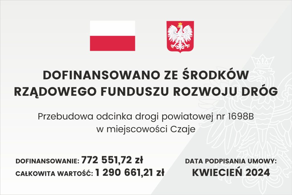 Baner z flagą Polski, herbem i tekstem dotyczącym lokalnego projektu inwestycyjnego. Tekst transkrypcji: DOFINANSOWANO ZE ŚRODKÓW RZĄDOWEGO FUNDUSZU ROZWOJU DRÓG Przebudowa odcinka drogi powiatowej nr 1698B w miejscowości Czaje DOFINANSOWANIE: 772 551,72 zł CAŁKOWITA WARTOŚĆ: 1 290 661,21 zł DATA PODPISANIA UMOWY: KWIECIEŃ 2024