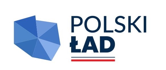 Białe tło z niebieskim kształtem Polski, obok granatowy napis: "Polski Ład". Słowo "ład" pogrubione i podkreślone podwójną linią (górna granatowa, dolna grubsza czerwona).