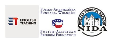 Na białym tle logo: English Teaching, Polsko - Amerykańskiej Fundacji Wolności, NIDA - Nidzickiej Fundacji Rozwoju