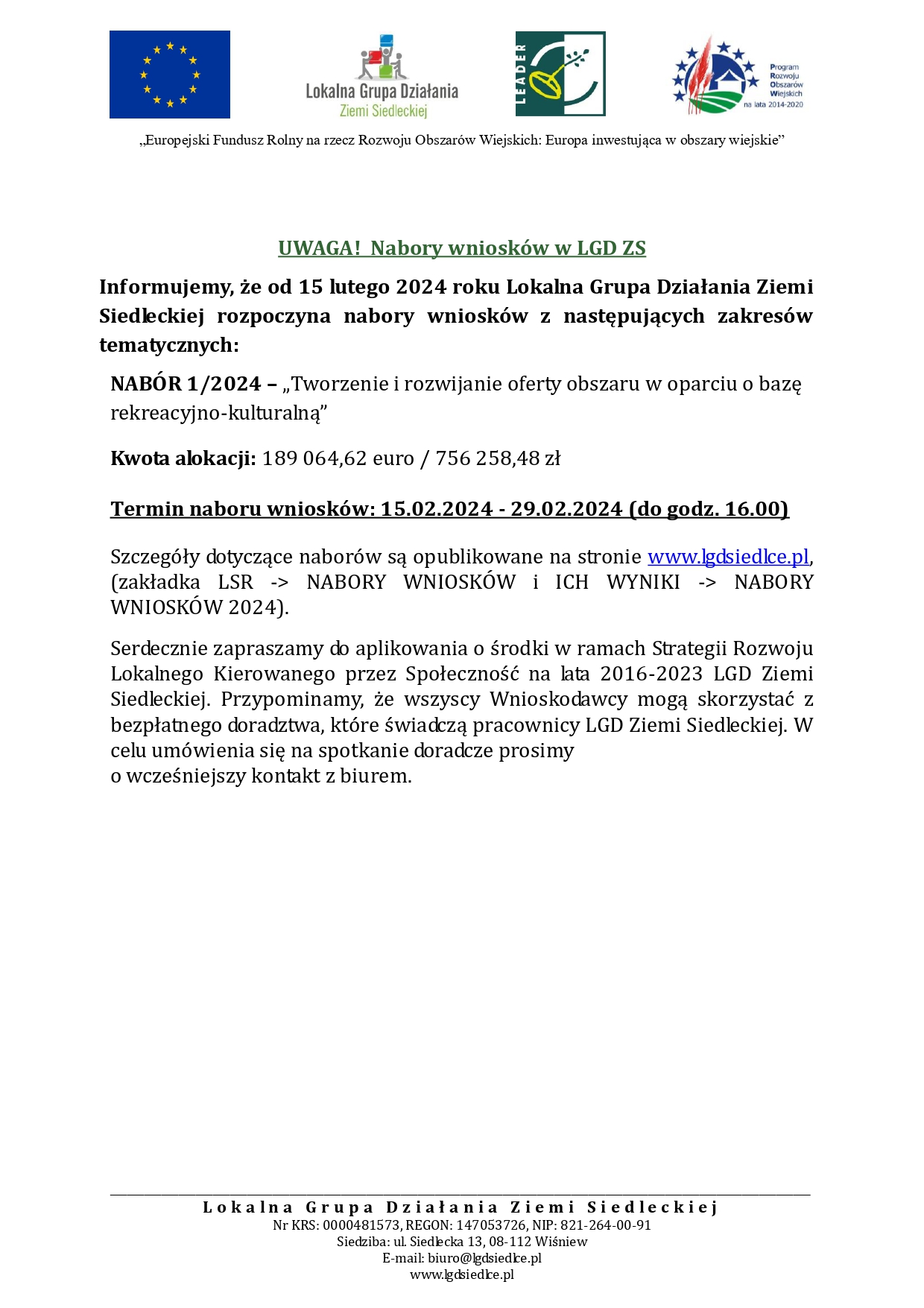 Informacja o naborach 2024 Lokalna Grupa Działania Ziemi Siedleckiej - „Tworzenie i rozwijanie oferty obszaru w oparciu o bazę rekreacyjno-kulturalną”