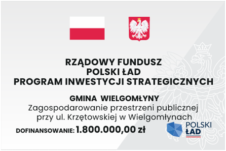 Jasna plansza z flagą i godłem Polski oraz logiem programu POLSKI ŁAD. Na planszy napis "RZĄDOWY FUNDUSZ POLSKI ŁĄD. PROGRAM INWESTYCJI STRATEGICZNYCH. GMINA WIELGOMŁYNY. Zagospodarowanie przestrzeni publicznej przy ul. Krzętowskiej w Wielgomłynach. DOFINANSOWANIE: 1.800.000,00zł. 