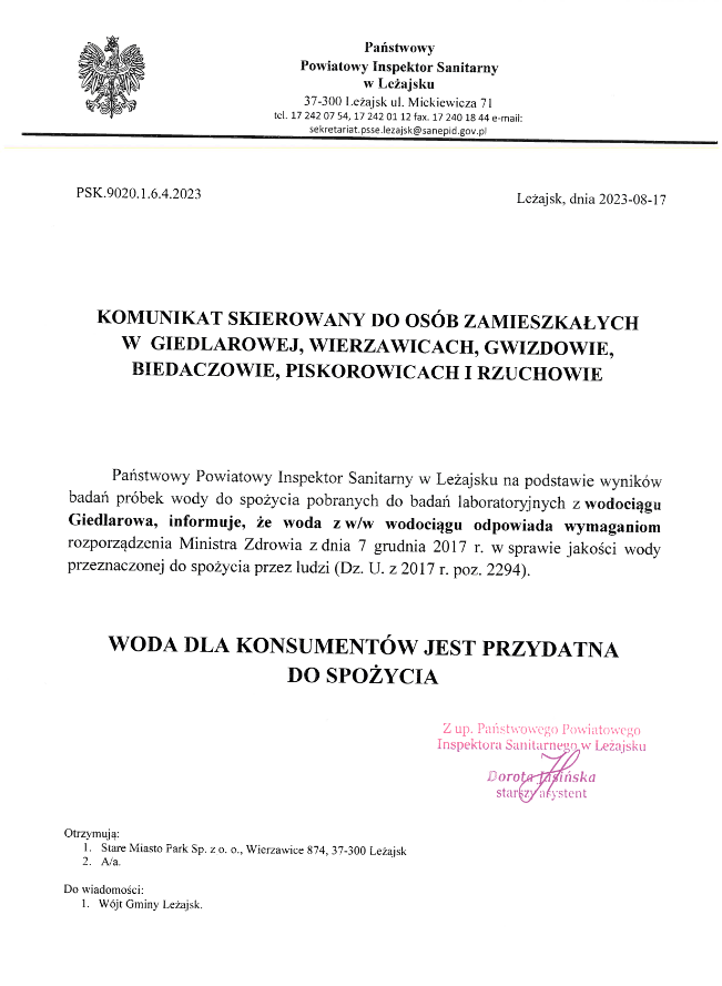 Komunikat w sprawie przydatności wody do spożycia 