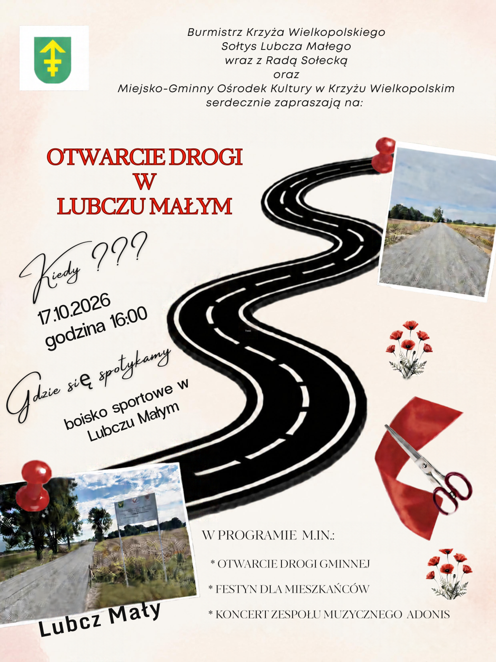 Zaproszenie na otwarcie drogi w Lubczu Małym 17.10.2026 godz. 16.00