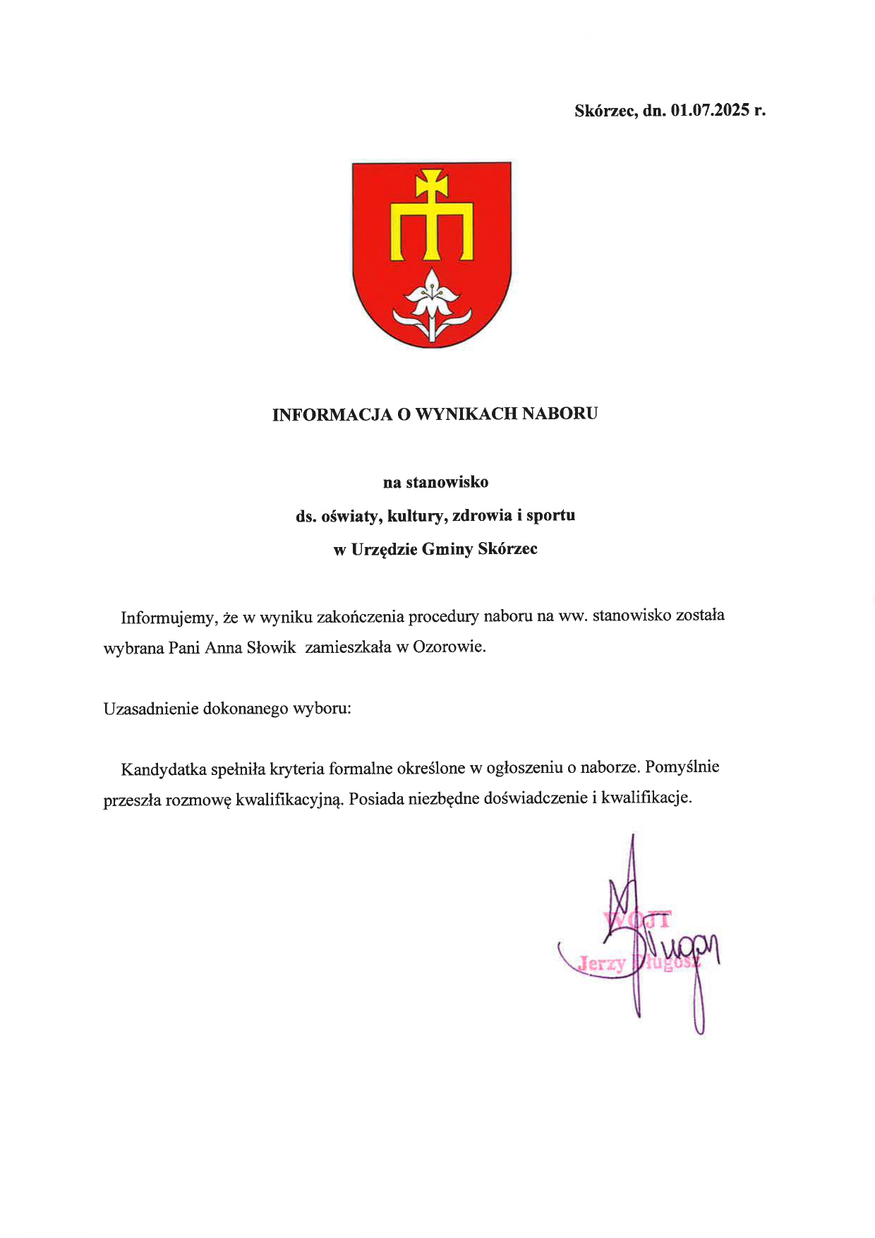 informacja o wynikach naboru (oświata)