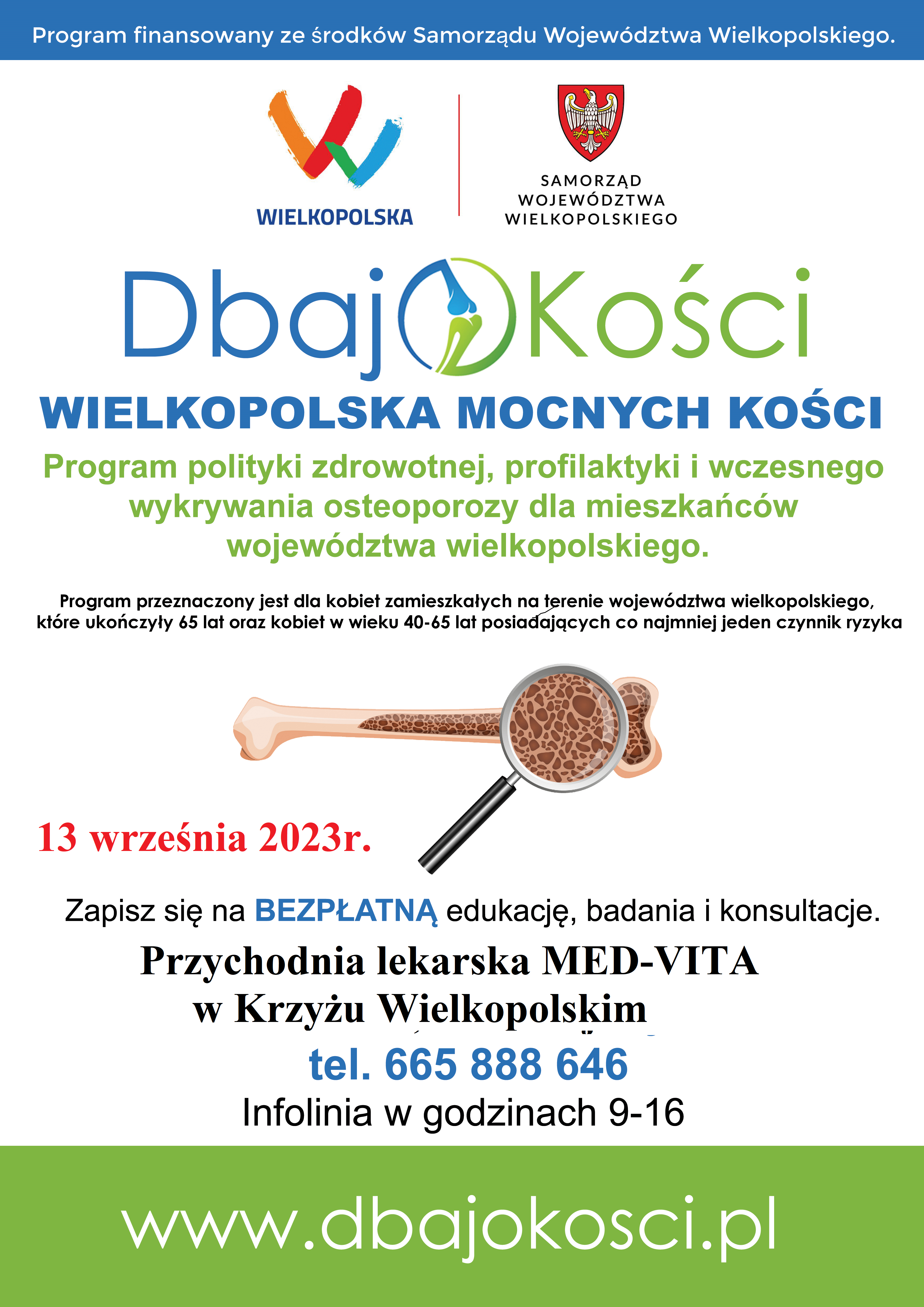 Bezpłatne badanie osteoporozy - Przychodnia lekarska MED-VITA Krzyż Wielkopolski 13 września 2023 tel. 665 888 646