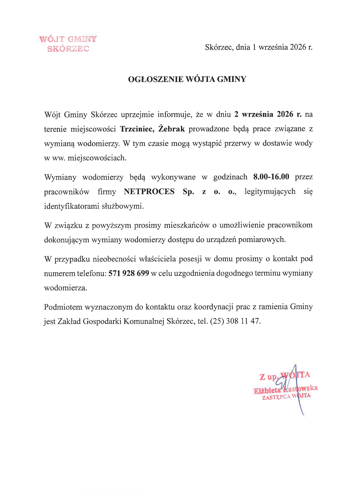 Wymiana wodomierzy Żebrak, Trzciniec