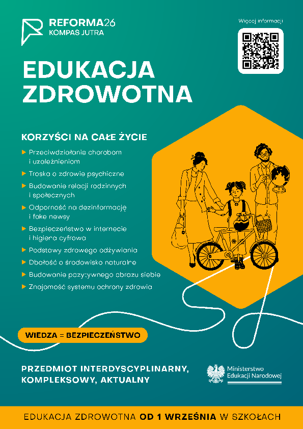 ytuł plakatu: Edukacja zdrowotna Elementy graficzne: Po prawej stronie plakatu znajduje się ilustracja przedstawiająca czteroosobową rodzinę (dwoje dorosłych i dwoje dzieci). Jeden z dorosłych prowadzi rower cargo, w którym siedzi jedno z dzieci. Wszyscy są uśmiechnięci, ubrani codziennie, co sugeruje styl życia promujący zdrowie i aktywność fizyczną. W prawym górnym rogu znajduje się kod QR prowadzący do dodatkowych informacji. Hasło kampanii: REFORMA26 – Kompas Jutra Podtytuł: Korzyści na całe życie Lista korzyści wynikających z edukacji zdrowotnej: Przeciwdziałanie chorobom i uzależnieniom Troska o zdrowie psychiczne Budowanie relacji rodzinnych i społecznych Odporność na dezinformację i fake newsy Bezpieczeństwo w internecie i higiena cyfrowa Podstawy zdrowego odżywiania Dbałość o środowisko naturalne Budowanie pozytywnego obrazu siebie Znajomość systemu ochrony zdrowia Dodatkowe hasło: Wiedza = Bezpieczeństwo (żółty pasek z tekstem w centrum plakatu) Opis przedmiotu: Przedmiot interdyscyplinarny, kompleksowy, aktualny Logo i podpis: Ministerstwo Edukacji Narodowej Dolna belka plakatu: Edukacja zdrowotna od 1 września w szkołach