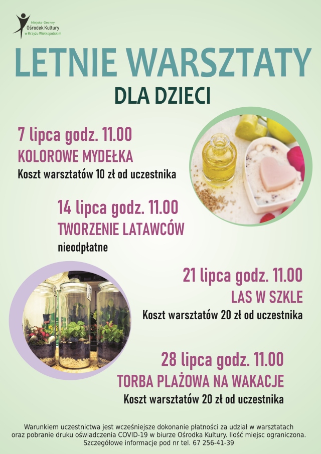 Letnie warsztaty dla dzieci: Kolorowe mydełka, Tworzenie latawców, Las w szkle, Torba plażowa na wakacje