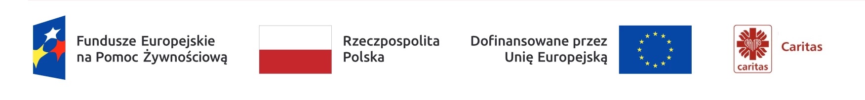 Logo Fundusze Europejskie na Pomoc Żywnościową 2021-2027, Logo Rzeczpospolitej Polskiej, Logo UE, Logo Caritas