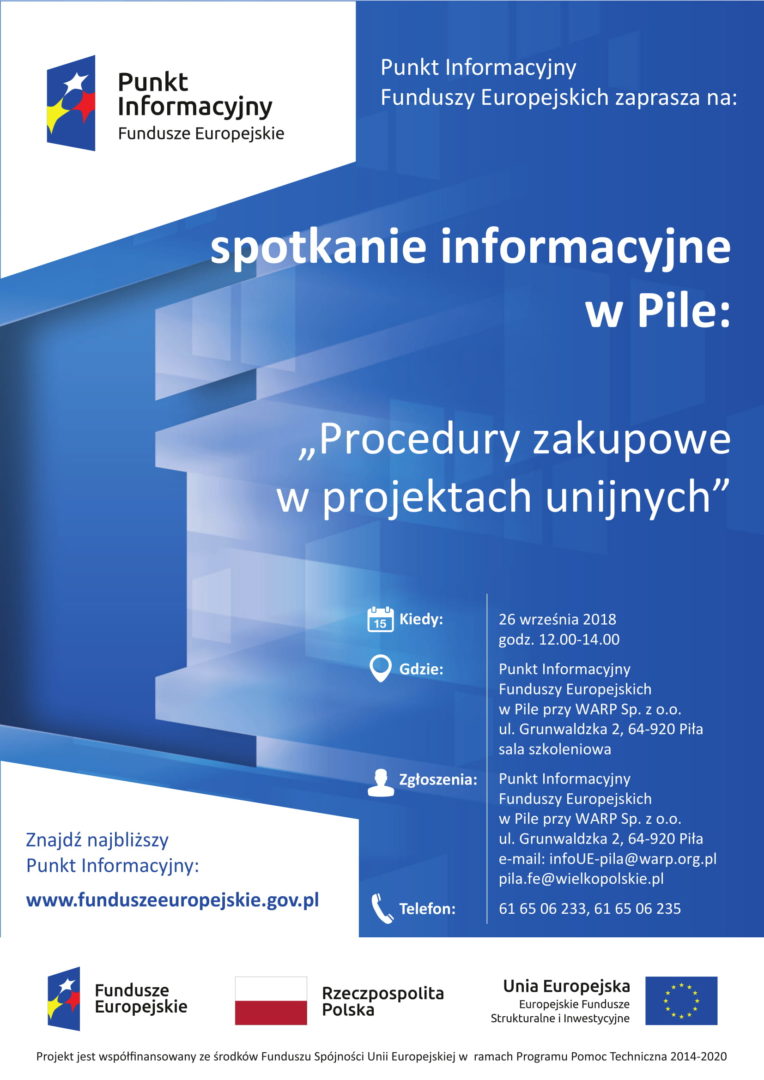 Plakat o spotkaniu informacyjnym w Pile zakupy