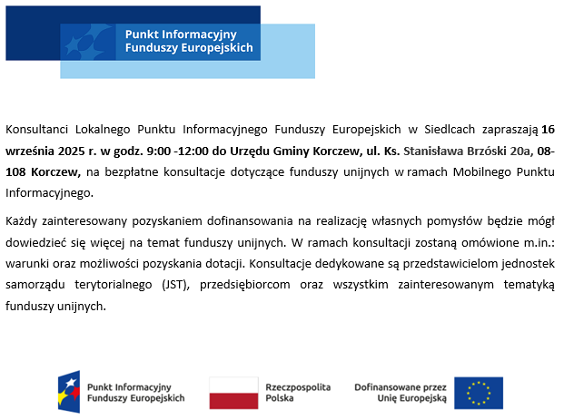 informacja o bezpłatnych konsultacjach dot. funduszy unijnych. Szczegóły w treści poniżej