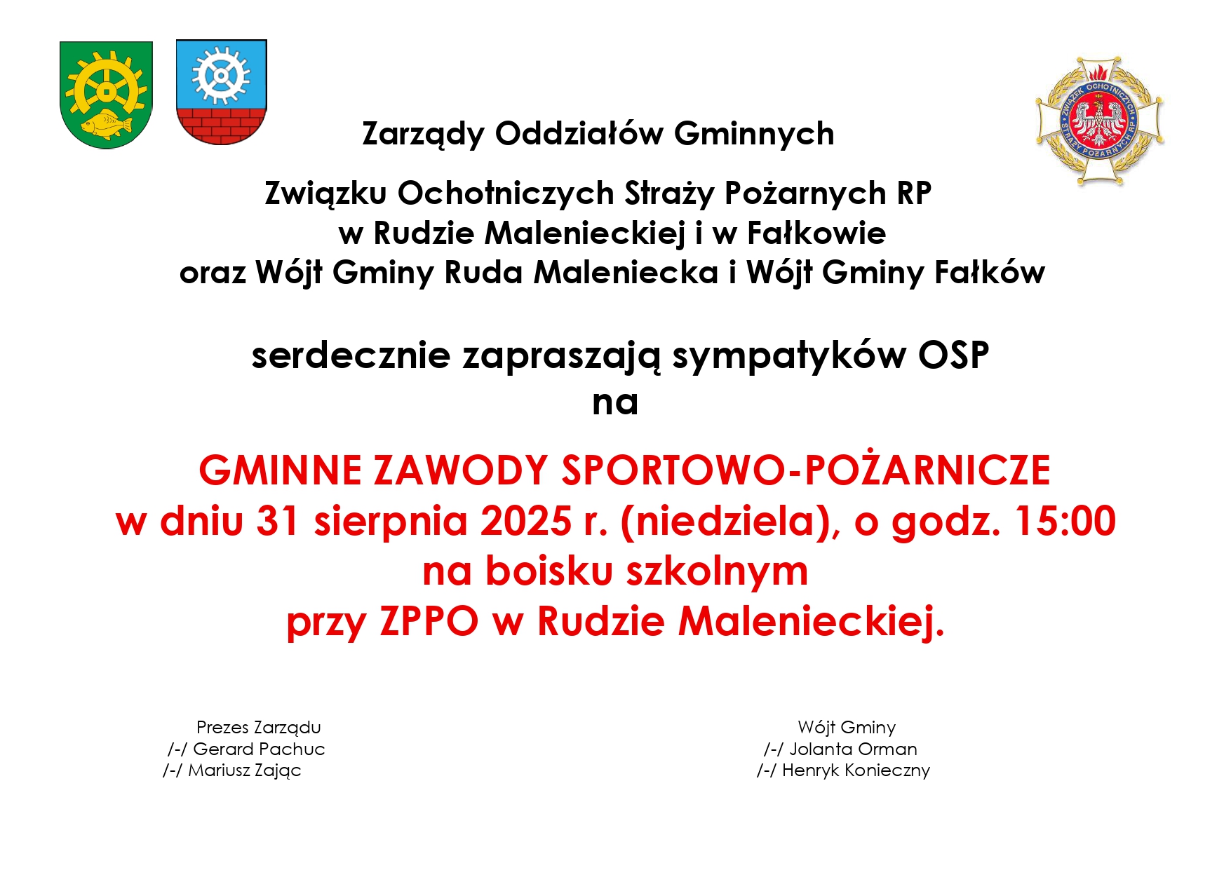 zaproszenie na gminne zawody sportowo-pożarnicze 31.08.2025 r. godz 15:00 na boisku sportowym przy ZPPO
