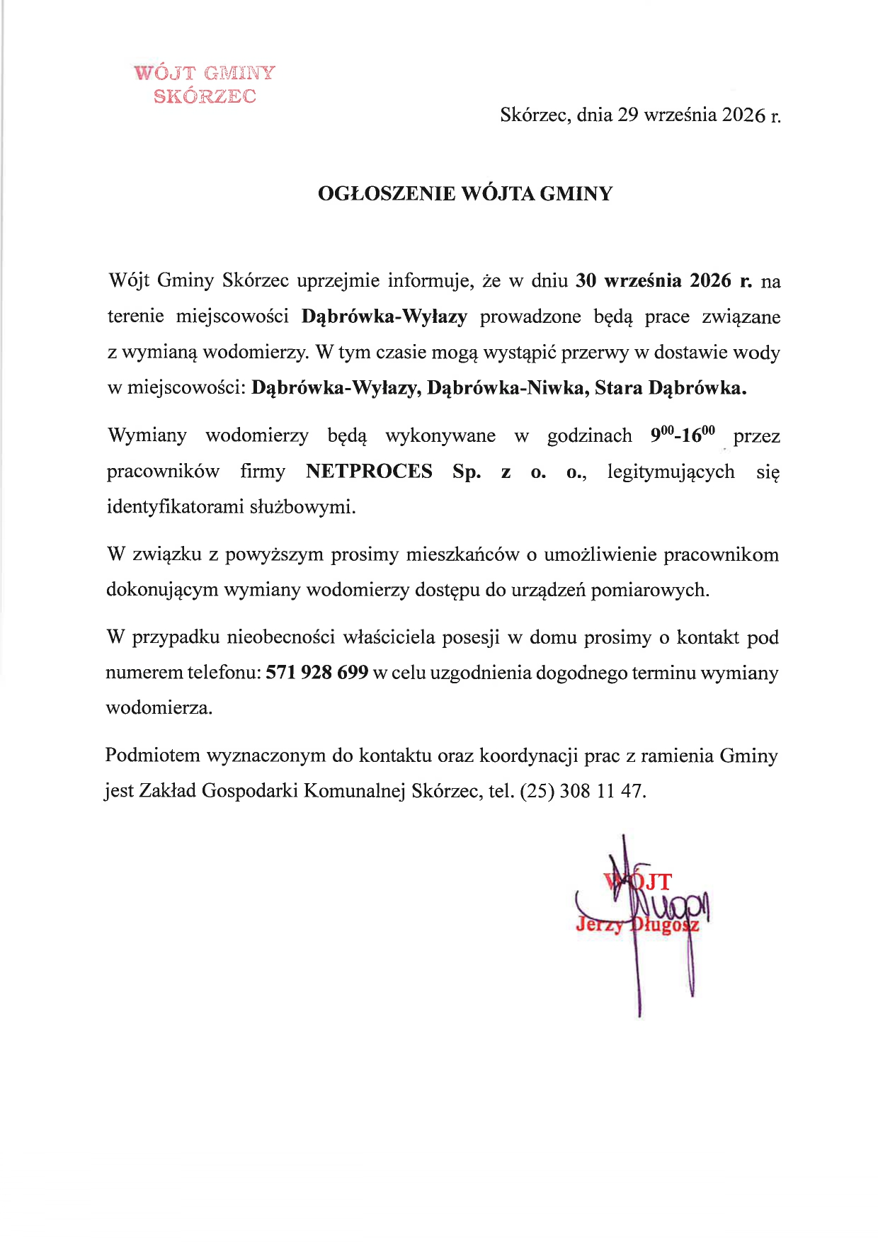 Wymiana wodomierzy 30 września Dąbrówka-Wyłazy, Dąbrówka-Niwka, Stara Dąbrówka