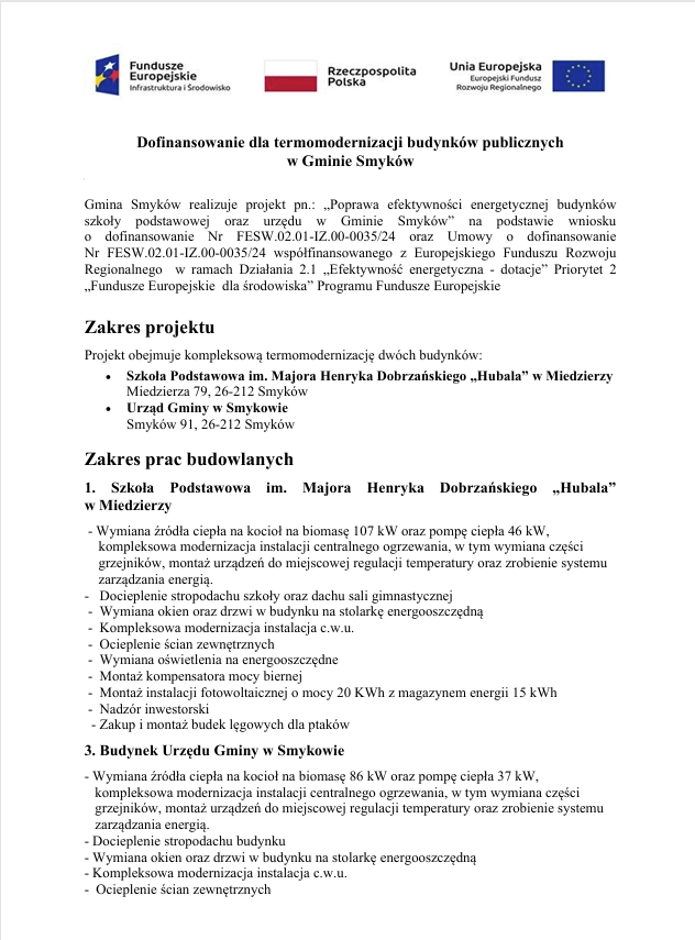Grafika informacyjna dotycząca projektu termomodernizacji budynków publicznych w Gminie Smyków współfinansowanego ze środków Funduszy Europejskich dla Infrastruktury i Środowiska. W górnej części znajdują się logotypy Funduszy Europejskich, Rzeczypospolitej Polskiej oraz Unii Europejskiej – Europejskiego Funduszu Rozwoju Regionalnego. Gmina Smyków informuje o realizacji projektu pn. „Poprawa efektywności energetycznej budynków szkoły podstawowej oraz urzędu w Gminie Smyków”. Projekt obejmuje kompleksową termomodernizację Szkoły Podstawowej im. Majora Henryka Dobrzańskiego „Hubala” w Miedzierzy oraz budynku Urzędu Gminy w Smykowie. Zakres prac obejmuje między innymi wymianę źródeł ciepła na kotły na biomasę i pompy ciepła, modernizację instalacji centralnego ogrzewania i ciepłej wody użytkowej, ocieplenie dachów i ścian, wymianę stolarki okiennej i drzwiowej, wymianę oświetlenia na energooszczędne, montaż instalacji fotowoltaicznych z magazynami energii, montaż kompensatorów mocy biernej, nadzór inwestorski oraz montaż budek lęgowych dla ptaków. W projekcie uwzględniono również działania związane z ochroną środowiska i przyrody, w tym wykonanie ekspertyz ornitologicznych i chiropterologicznych przed rozpoczęciem robót. Celem projektu jest poprawa stanu środowiska naturalnego poprzez zwiększenie efektywności energetycznej budynków publicznych, redukcję emisji gazów do atmosfery oraz zmniejszenie strat ciepła i kosztów eksploatacyjnych. Wartość projektu wynosi 5 581 518,15 zł, wysokość dofinansowania z Funduszy Europejskich wynosi 6 638 315,42 zł, a wkład własny Gminy Smyków wynosi 1 166 123,55 zł. W dolnej części grafiki znajduje się hashtag #FunduszeUE lub #FunduszeEuropejskie.