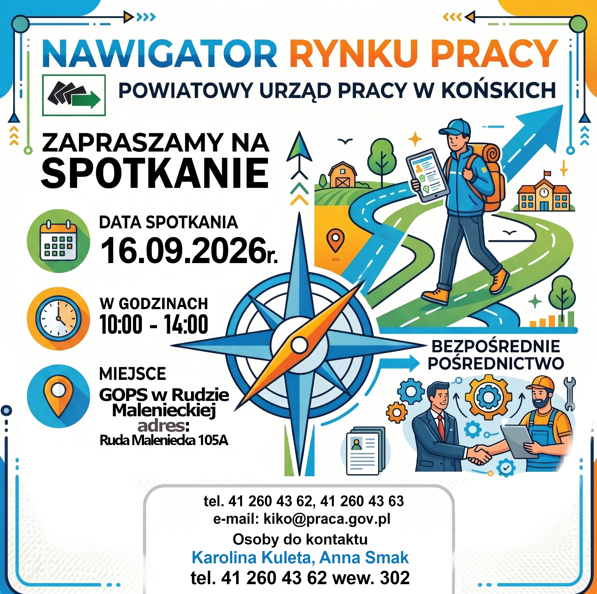 Plakat Powiatowego Urzędu Pracy w Końskich zapraszający na spotkanie w ramach „Nawigatora Rynku Pracy” w dniu 16.09.2026 r. w godzinach 10:00–14:00 w GOPS w Rudzie Malenieckiej.