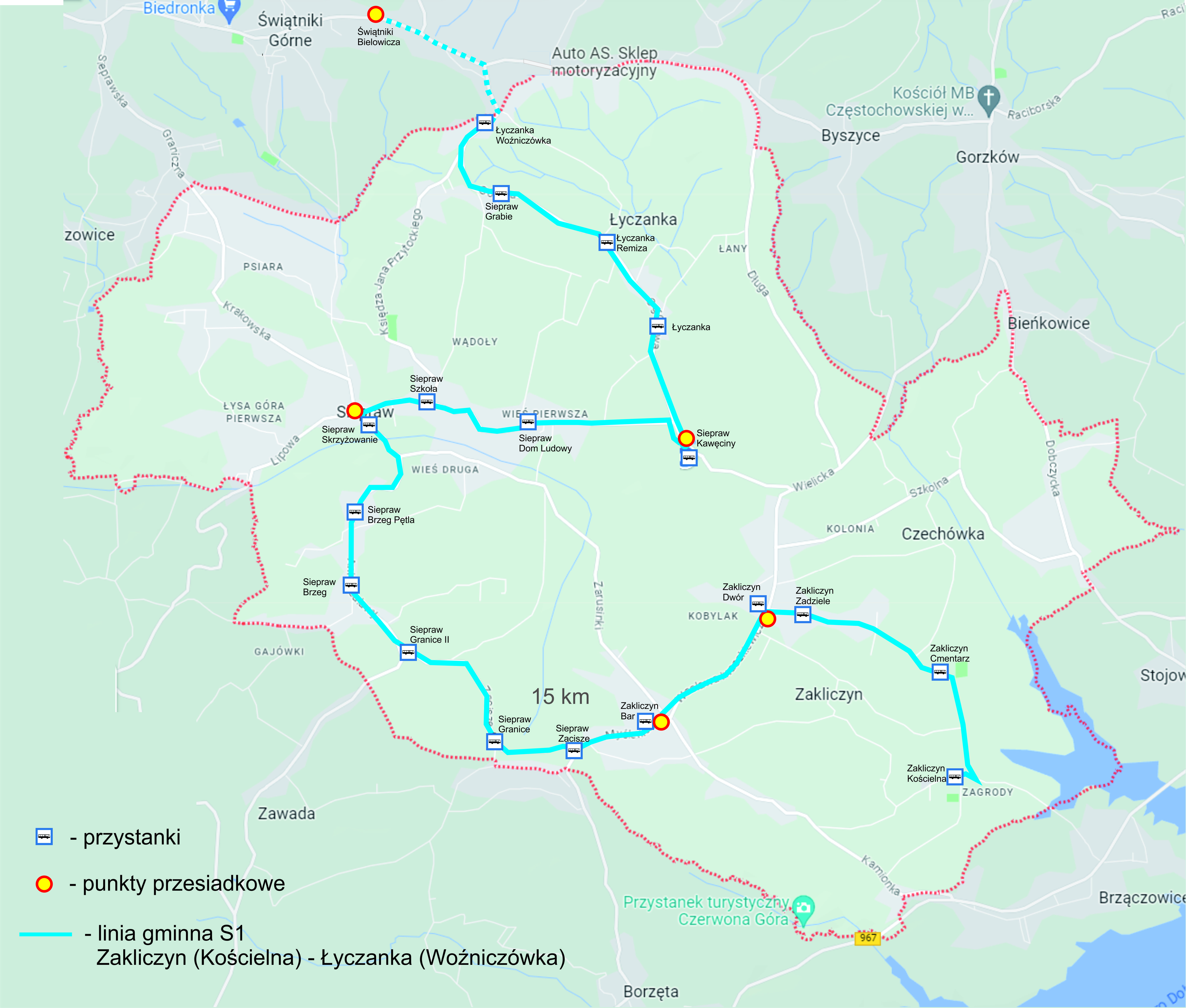 Mapa - plan sytuacyjny linii S1 nałożony na mapę topograficzną okolic Sieprawia