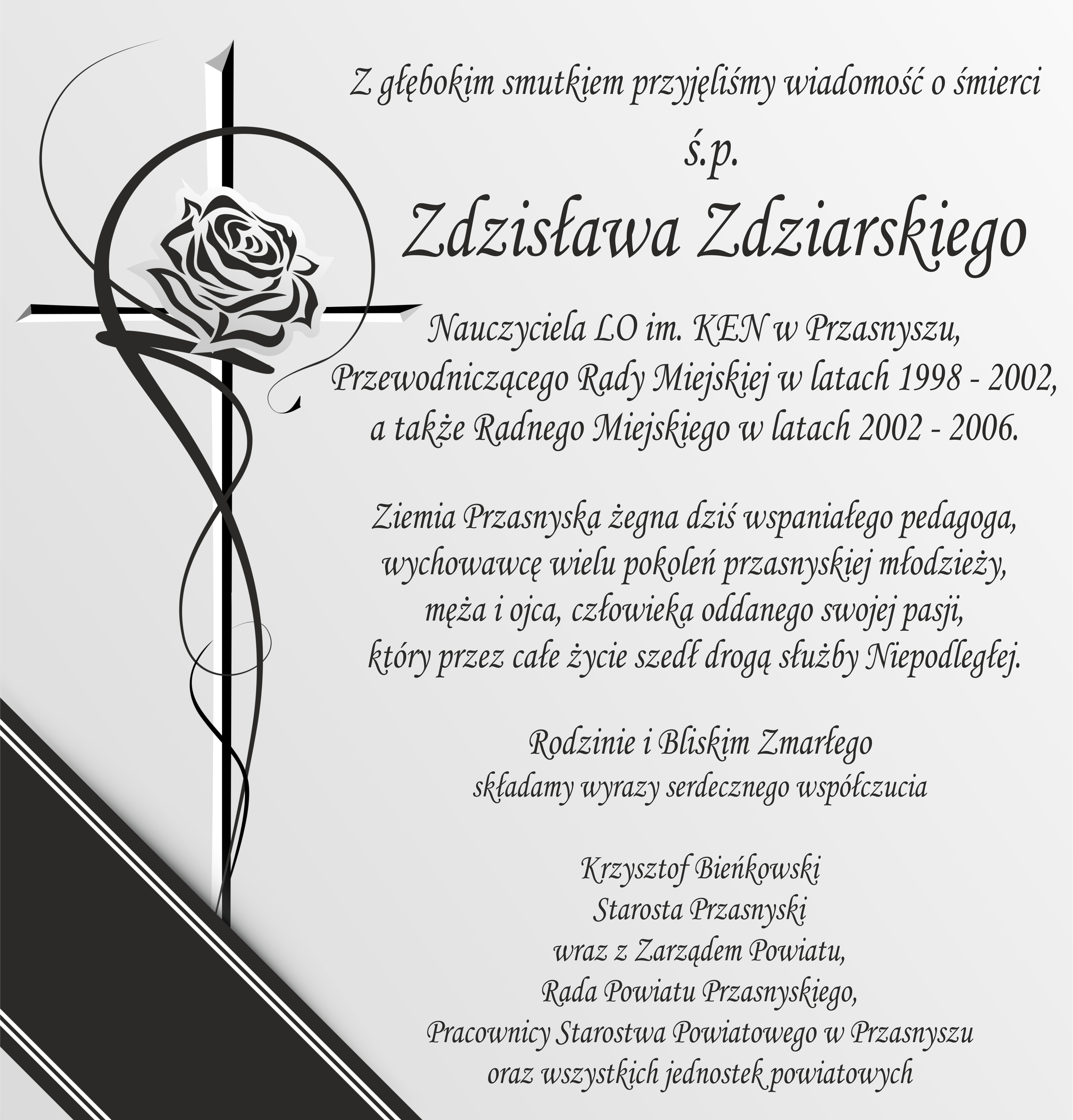 Grafika z tekstem kondolencji. Treść w artykule.