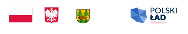 Logotypy projektu: flaga, herb Polski, herb powiatu (na żółto-zielonym tle dwa świerki i żubr), Polski Ład