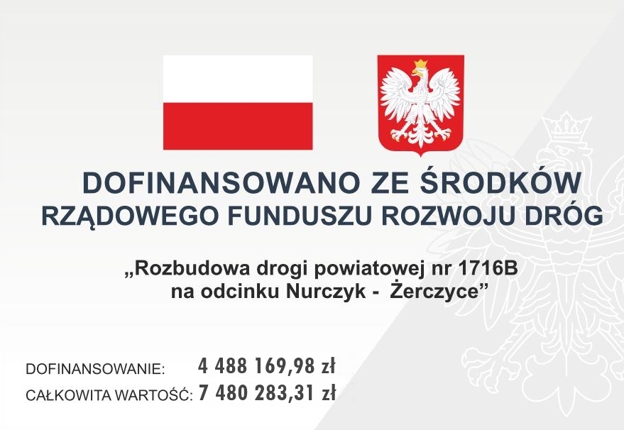 Baner z flagą Polski, herbem i tekstem dotyczącym lokalnego projektu inwestycyjnego. Tekst transkrypcji: DOFINANSOWANO ZE ŚRODKÓW RZĄDOWEGO FUNDUSZU ROZWOJU DRÓG „Rozbudowa drogi powiatowej nr 1716B na odcinku Nurczyk – Żerczyce” DOFINANSOWANIE: 4 488 169,98 zł CAŁKOWITA WARTOŚĆ: 7 480 283,31 zł