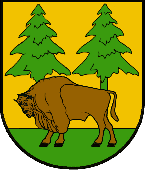 Herb Powiatu Hajnowskiego - na zielono - żółtym tle żubr i dwa świerki