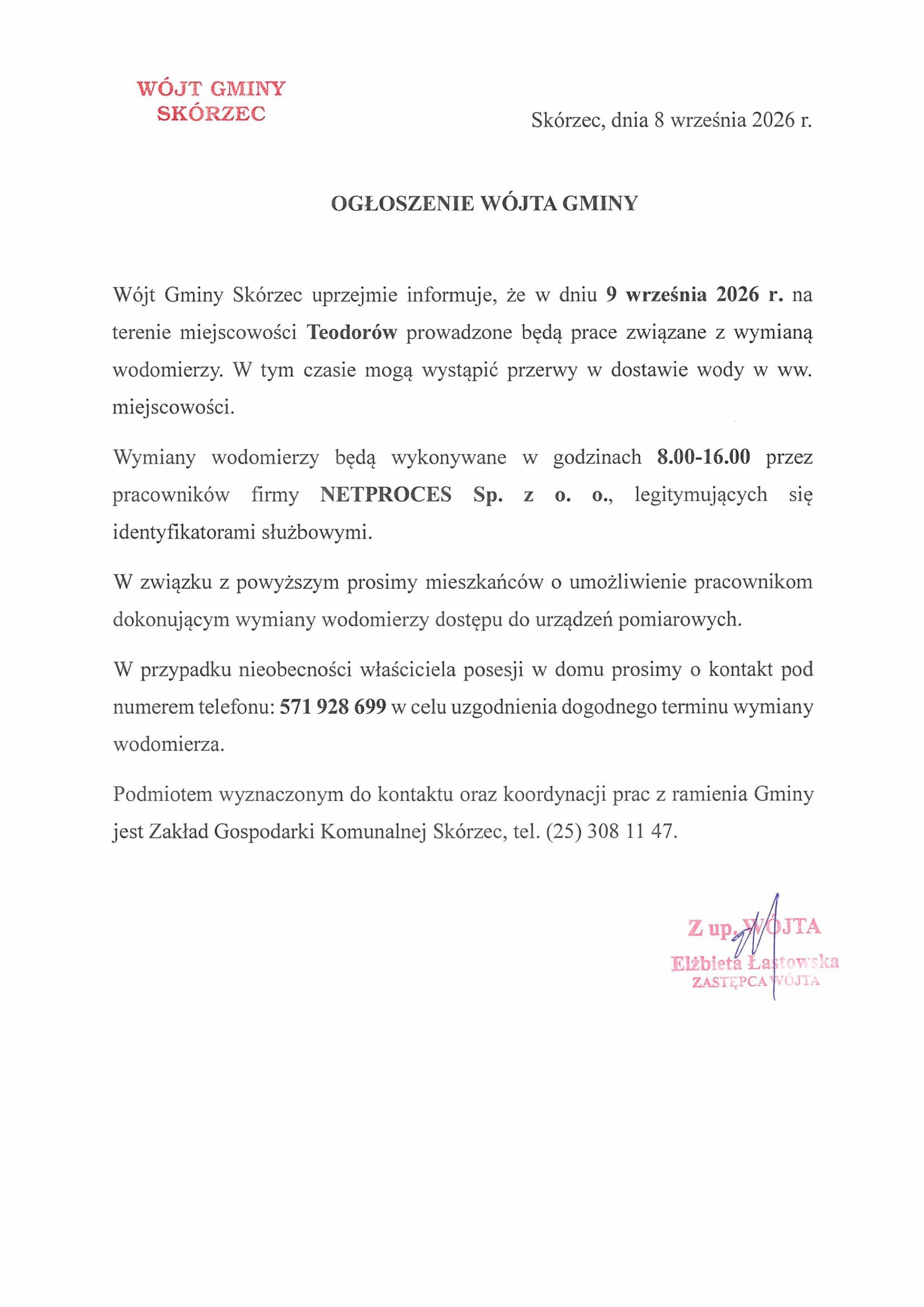 Wymiana wodomierzy Teodorów - 9 września