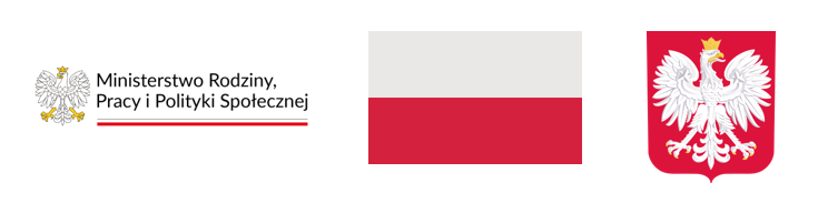 Banner zawierający na białym tle od lewej logo Ministerstwa Rodziny, Pracy i Polityki Społecznej, biało-czerwoną flagę Polski oraz godło Polski.