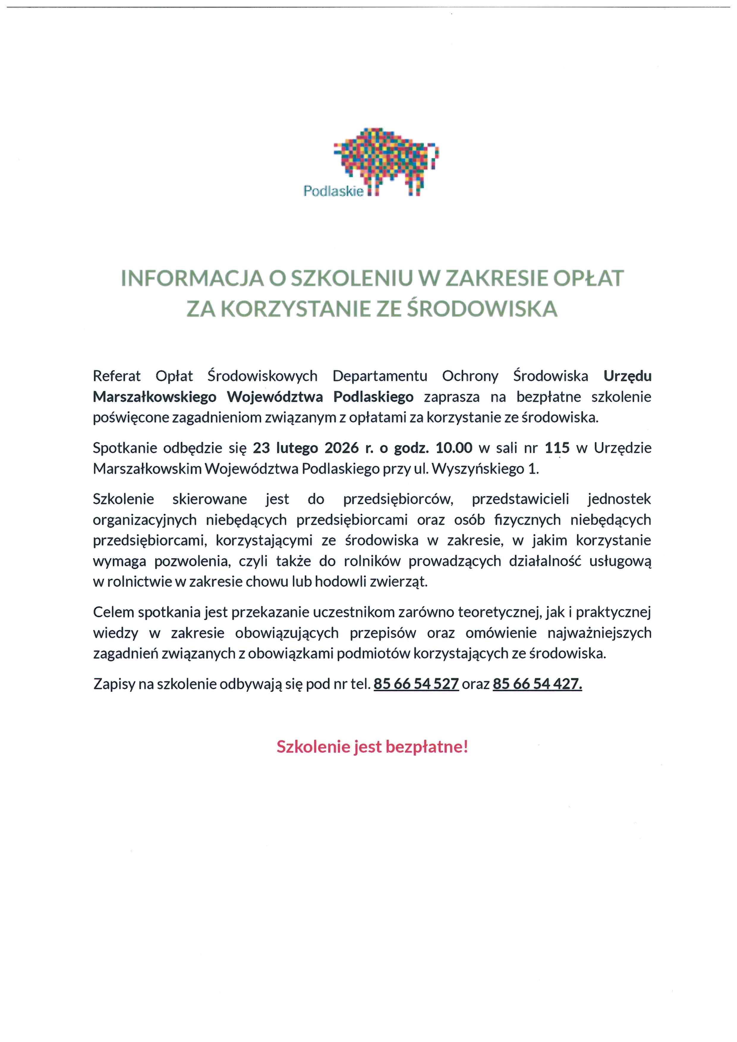 Informacja o szkoleniu