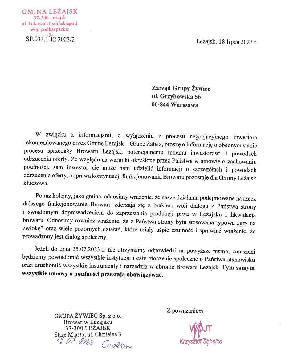 Pismo do Browaru Leżajsk 