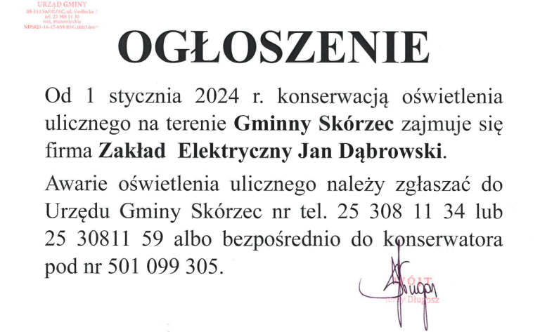 Ogłoszenie dotyczące konserwacji oświetlenia 