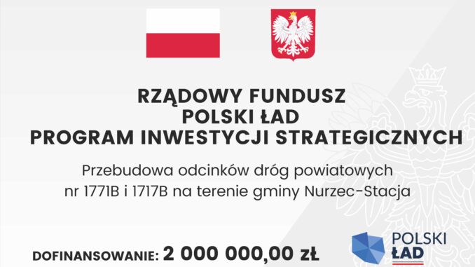 Oficjalne ogłoszenie z flagą i herbem Polski, zawierające szczegółowe informacje na temat strategicznego funduszu inwestycyjnego. Transkrypcja tekstu: RZĄDOWY FUNDUSZ POLSKI ŁAD PROGRAM INWESTYCJI STRATEGICZNYCH Przebudowa odcinków dróg powiatowych nr 1771B i 1717B na terenie gminy Nurzec-Stacja DOFINANSOWANIE: 2 000 000,00 zł