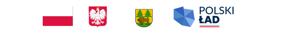 Logotypy Programu Polski Ład: flaga Polski, godło Polski, herb Powiatu Hajnowskiego, Grafika Polskiego Ładu
