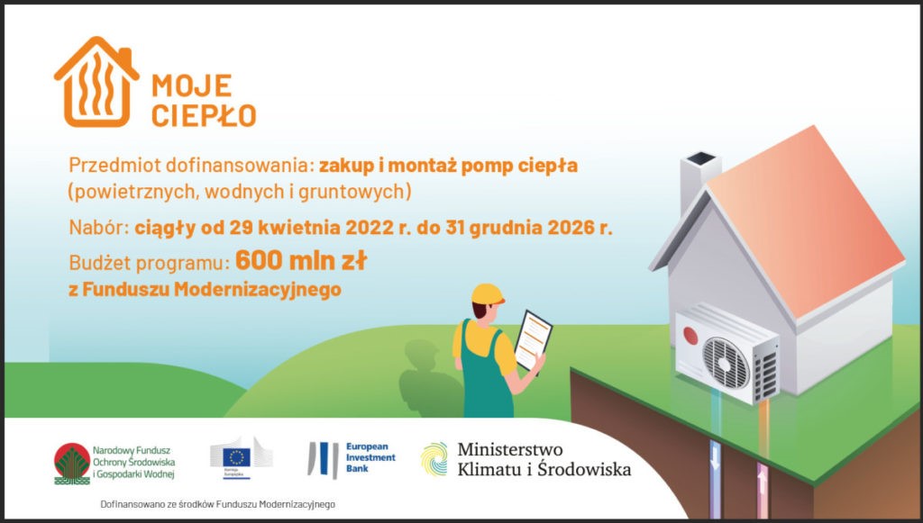 Grafika promuje program Moje Ciepło, który dotyczy dofinansowania zakupu i montażu pomp ciepła (powietrznych, wodnych i gruntowych) w domach jednorodzinnych.