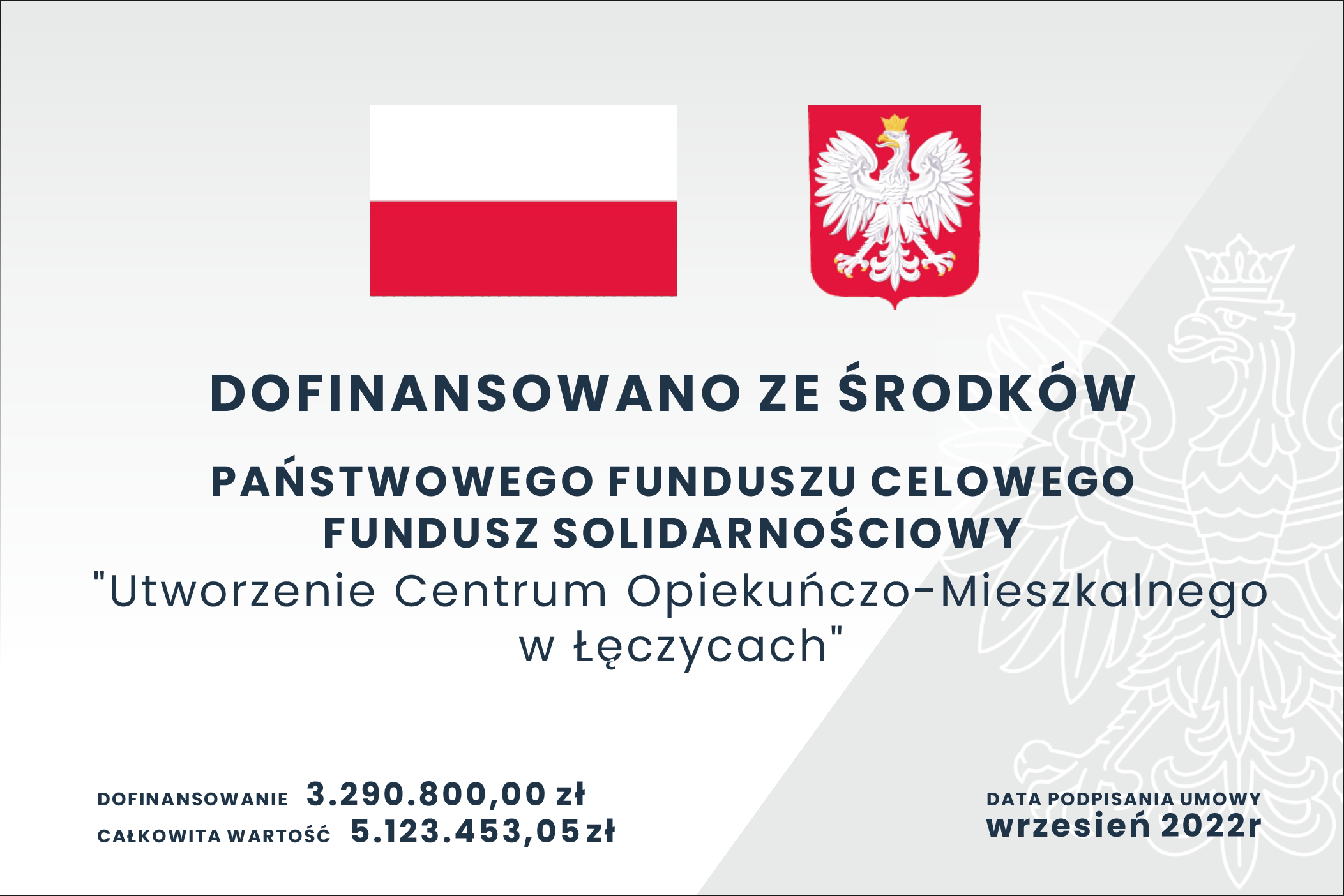 Dofinansowano ze środków Państwowego Funduszu Celowego Fundusz Solidarnościowy. "Utworzenie Centrum Opiekuńczo-Mieszkalnego w Łęczycach" Dofinansowanie 3.290.800,00 zł. Całkowita wartość 5.123.453,05 zł. Data podpisania umowy wrzesień 2022 r.