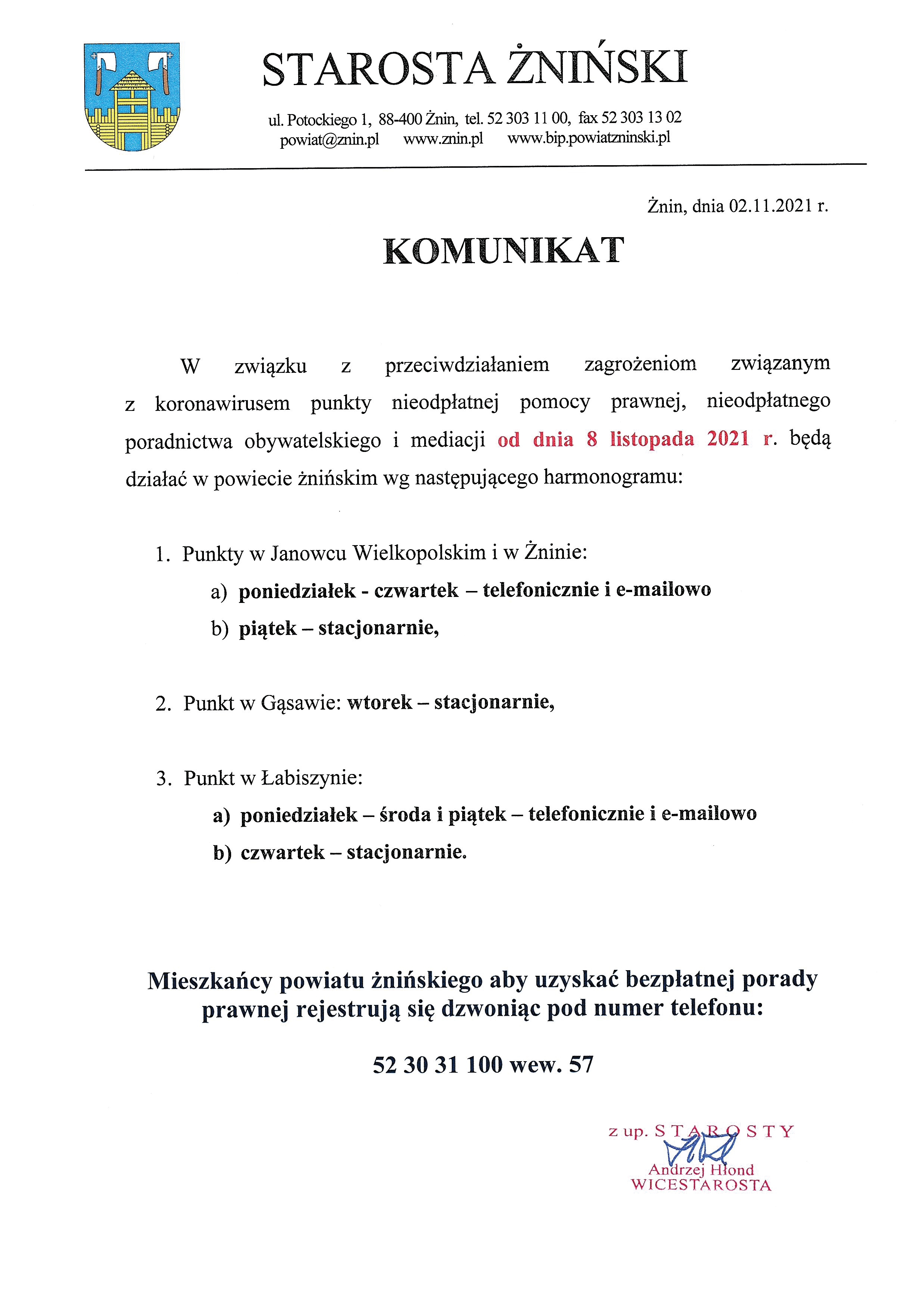 Nieodpłatna pomoc prawna - komunikat