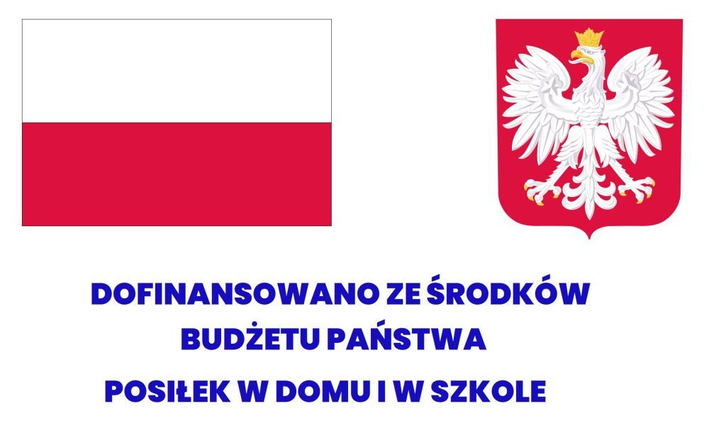 Na białym tle w górnej części flaga i godło Polski, w dolnej niebieski napis DOFINANSOWANO ZE ŚRODKÓW BUDŻETU PAŃSTWA POSIŁEK W DOMU I SZKOLE