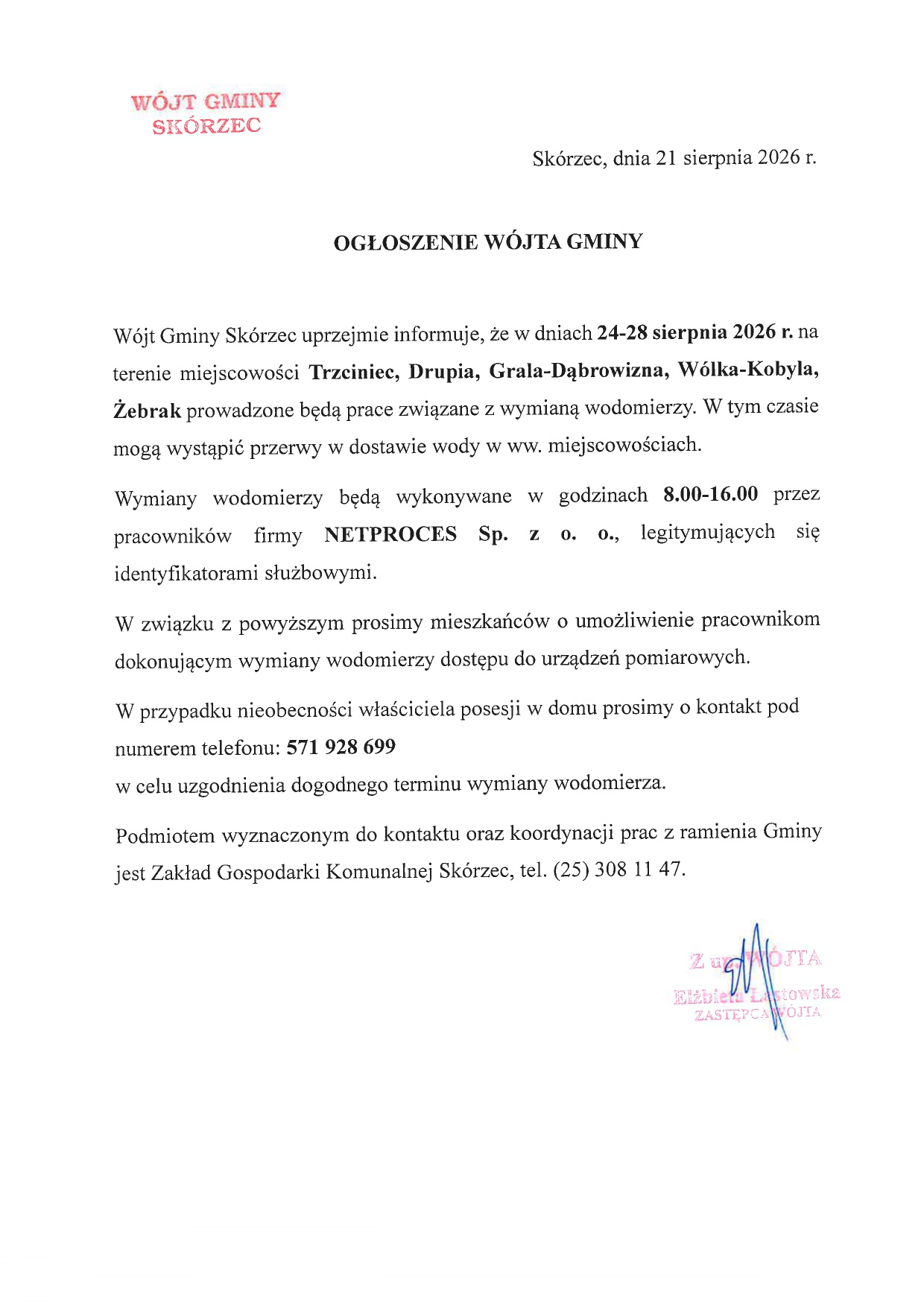 wymiana wodomierzy Trzciniec, Drupia, Grala- Dąbrowizna, Wólka-Kobyla, Żebrak