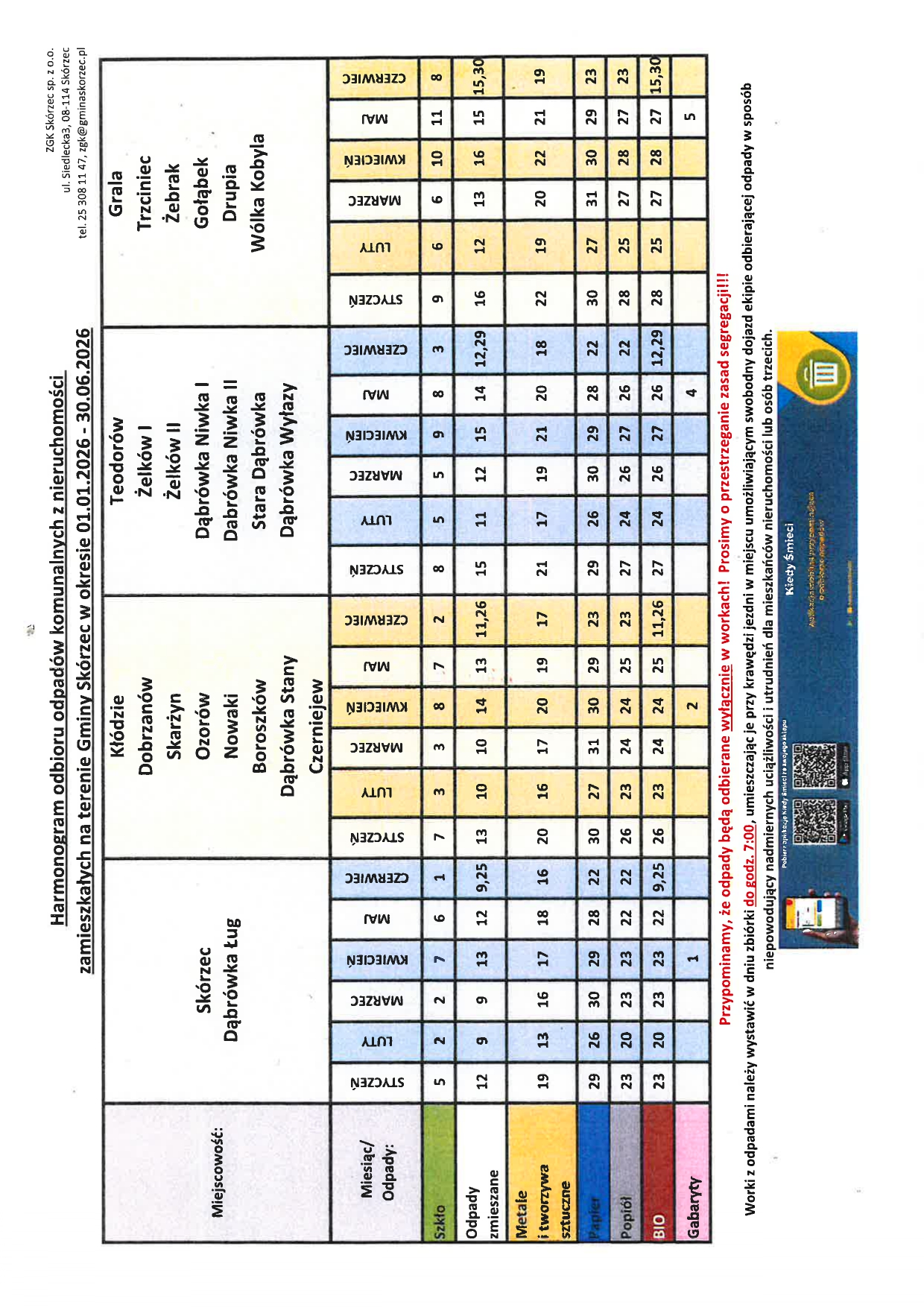 Harmonogram odbioru odpadów