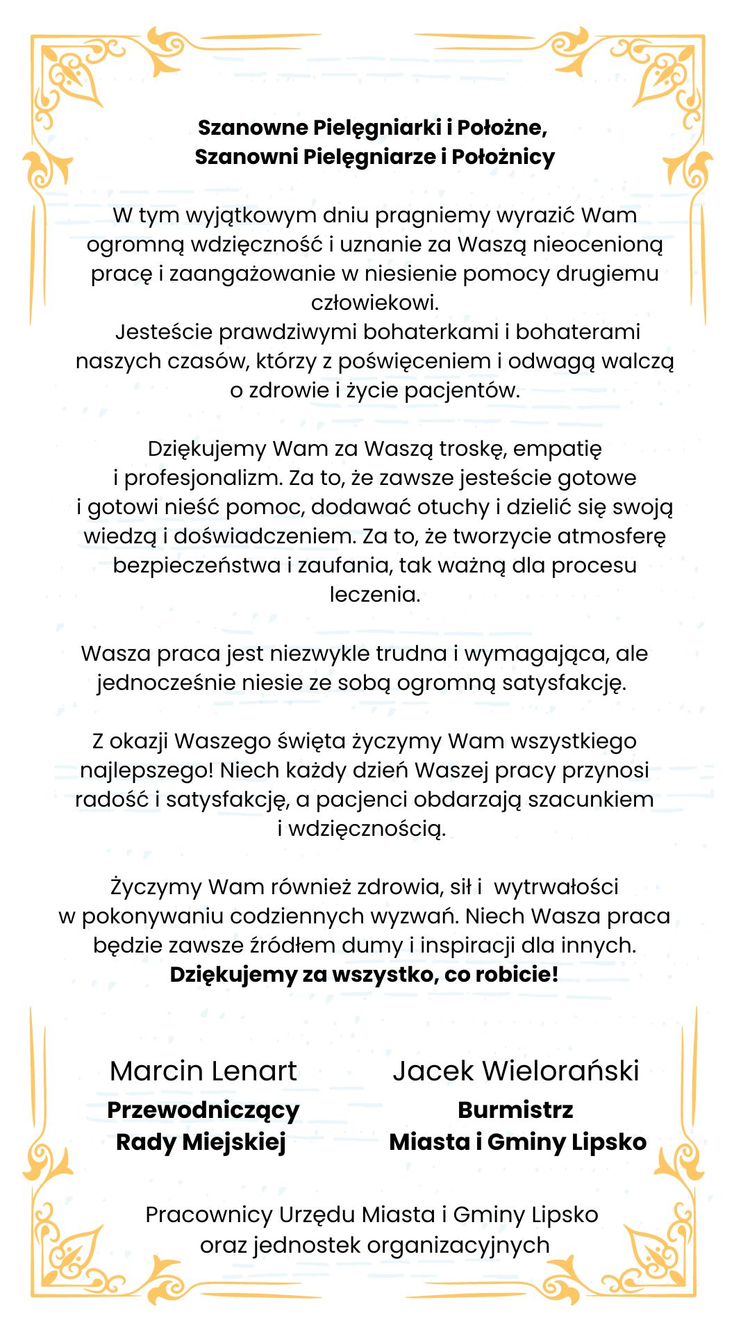 Grafika przedstawia życzenia z okazji Międzynarodowego Dnia Pielęgniarek i Położnych.