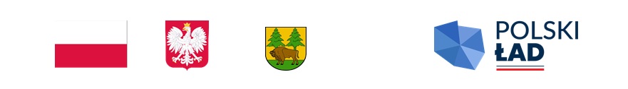 Logotypy Rządowego Funduszu Polski Ład: Program Inwestycji Strategicznych. Herb i godło Polski, herb powiatu hajnowskiego, logo Polskiego Ładu (obor grafiki granic polski z niebieskim tłem napis Polski Ład)