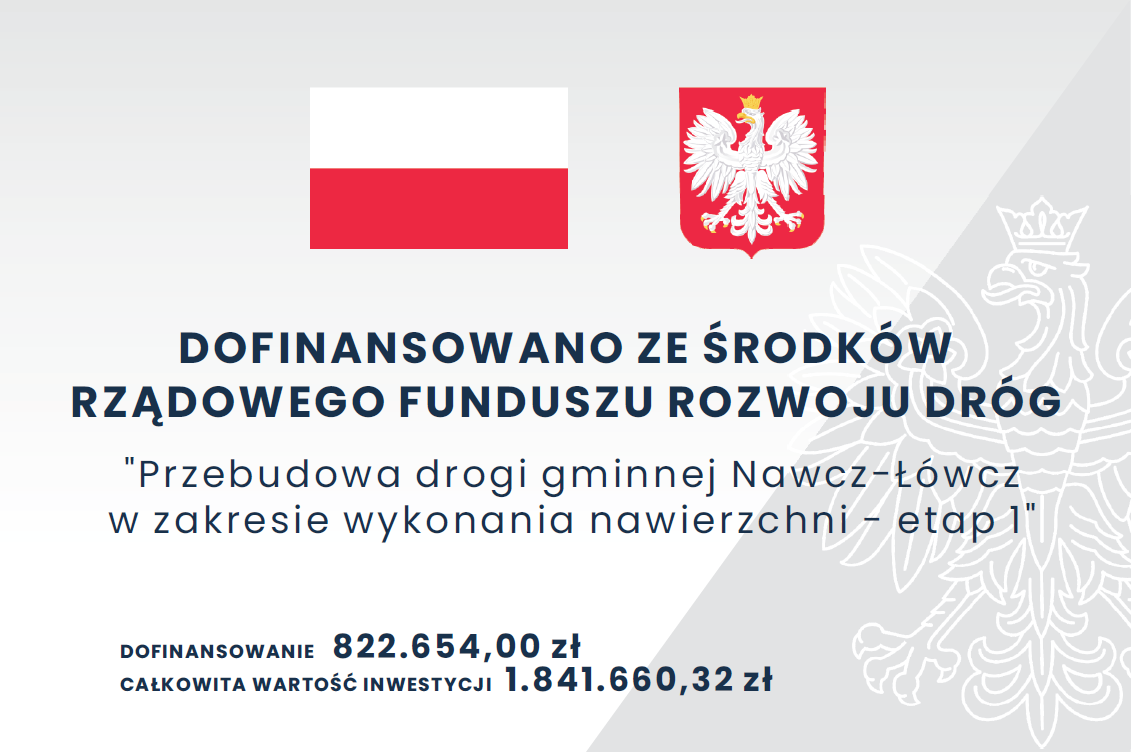 Flaga oraz Godło Polski a pod nimi tekst "Dofinansowano ze środków Rządowego Funduszu Rozwoju Dróg. Przebudowa drogi gminnej Nawcz-Łówcz w zakresie wykonania nawierzchni - etap 1" Dofinansowanie: 822.654,00 zł, Całkowita wartość inwestycji: 1.841.660.32 zł"