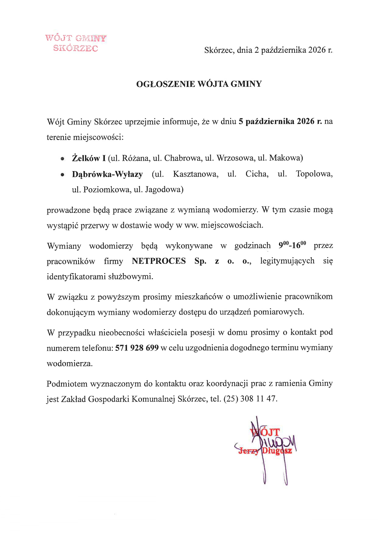 Wymiana wodomierzy - Dąbrówka-Wyłazy, Żelków I - 5 października 2026 r.