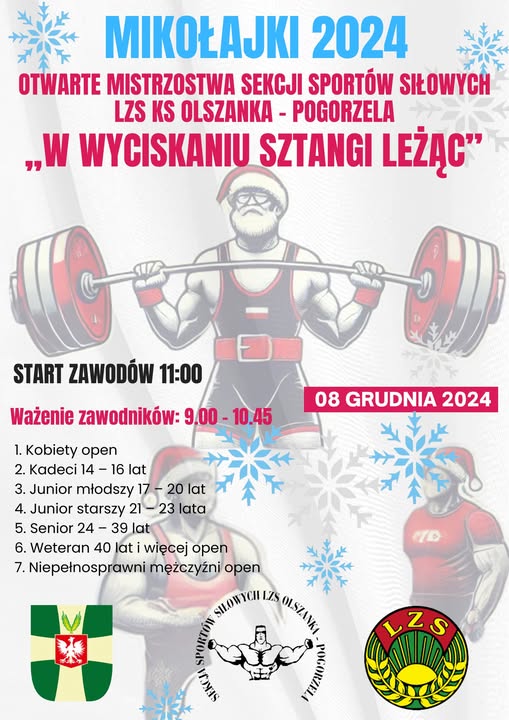 Otwarte Mistrzostwa Sekcji Sportów Siłowych LZS KS Olszanka - Pogorzela - W wyciskaniu sztangi leżąc - Mikołajki 2024